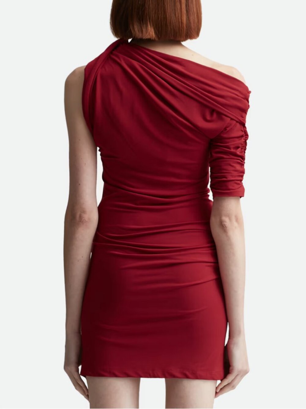 Jacquemus La Mini Robe Drapeado Burgundy Mini Bodycon One Shoulder Dress Sz XS - Picture 11 of 13